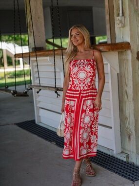 Red Printed Midi Dress with Spaghetti Straps